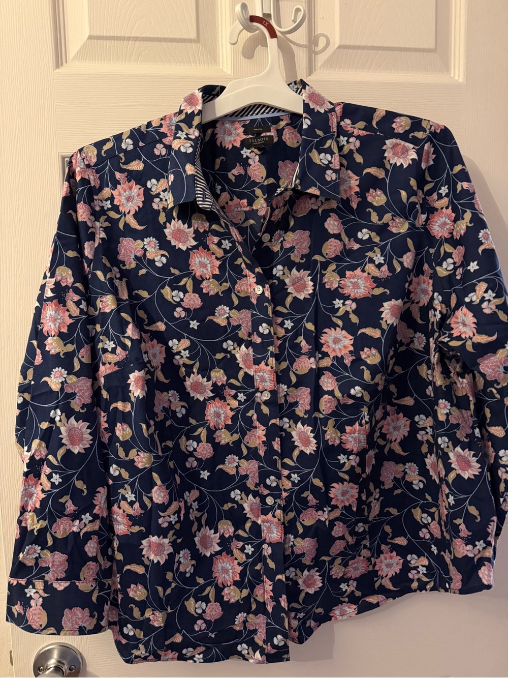 Talbots Navy Floral Button-Down Shirt with Pink Blooms